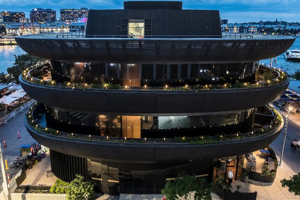 Barangaroo House: Rooftop dining venue offering dishes featuring kangaroo fillets and native berries.