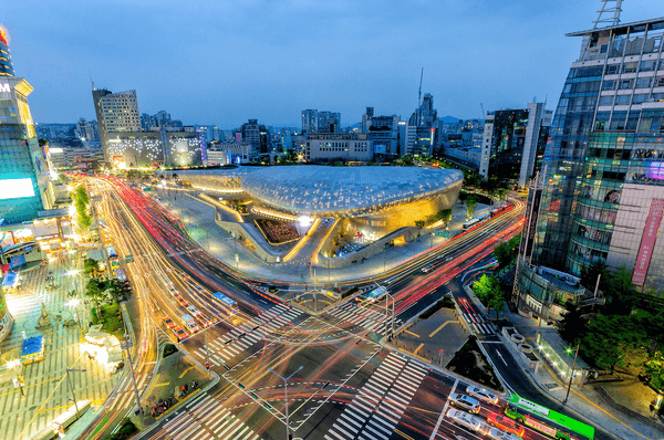 Unique architectural design of the Dongdaemun Design Plaza in Seoul.